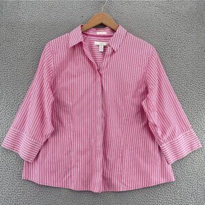 Chicos Shirt Womens 3 US Extra Large Pink Striped No Iron Button Up 3/4 Sleeves